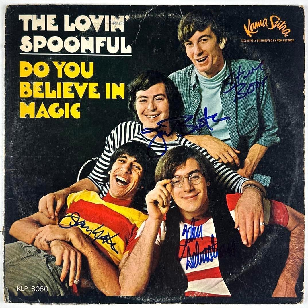 The Lovin' Spoonful Group Signed "Do You Believe in Magic" Album (4 Sigs) (Third Party Guaranteed): "Do You Believe in Magic" album signed on the cover in blue felt tip marker by The Lovin' Spoonful band members Steve Boone, Jerry Yester, John Sebastian, and Joe Butler. Measuring approximately 12"