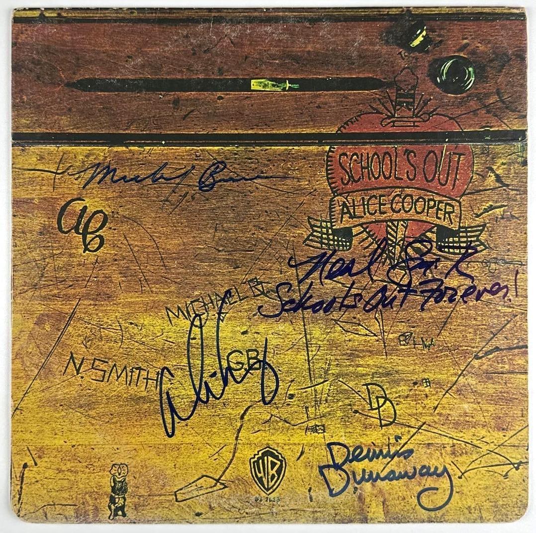 Alice Cooper Band Group Signed "School's Out" Album (4 Sigs) (Third Party Guaranteed): "School's Out" album signed on the cover in blue felt tip marker by Alice Cooper Band band members Michael Bruce, Dennis Dunaway, Alice Cooper, and Neal Smith, who inscribed "School's out forever!"