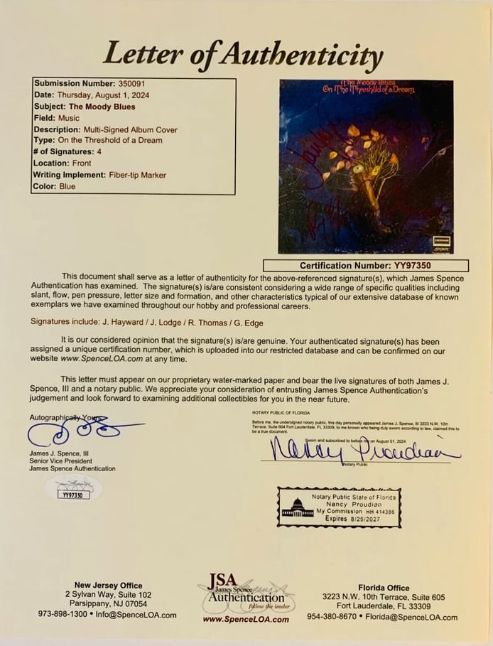 The Moody Blues Group Signed "On a Threshold of a Dream" Album (4 Sigs) (JSA Authentication) - 2