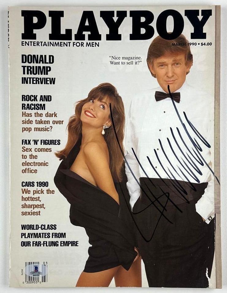 Donald Trump Signed 1990 Playboy Magazine (Beckett Authentication): Rare color March 1990 issue of "Playboy" magazine, signed prominently across the cover in black felt tip marker by Donald Trump, 45th and 47th President of the United States. Measuring approximately