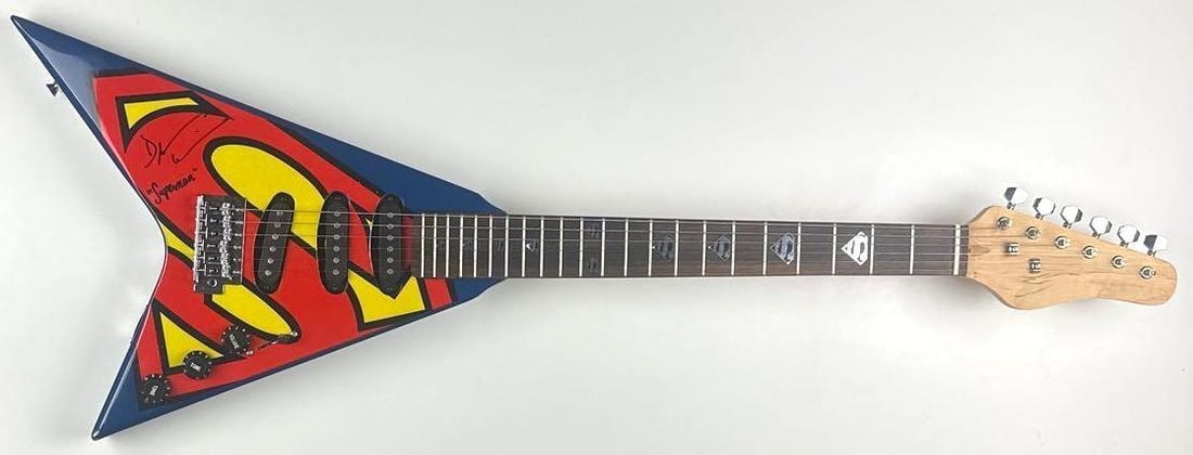 Superman: Dean Cain Signed & “Superman” Inscribed Custom Graphics V-Shaped Guitar - 2