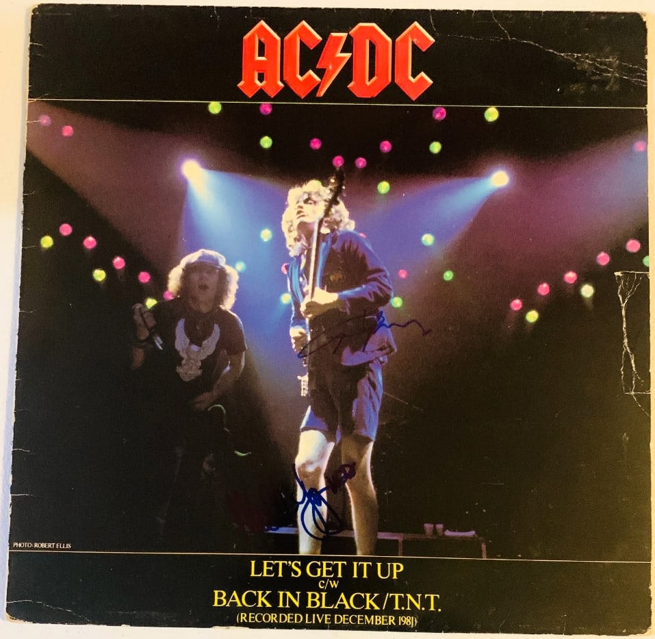 AC/DC Group Signed "Let's Get it Up" LP Album (2 Sigs) (Beckett Authentication): "Let's Get it Up" LP album signed on the cover in blue felt tip marker by AC/DC band members Angus Young and Malcolm Young. Measuring approximately 12" x 12" and in very good condition, with some
