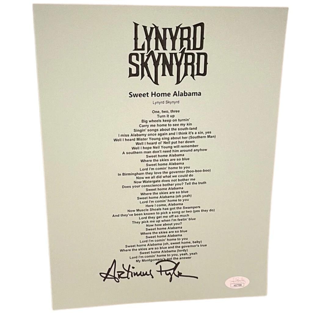 Lynyrd Skynyrd: Artimus Pyle Signed "Sweet Home Alabama" Lyric Sheet (JSA): White 11" x 8.5" paper "Sweet Home Alabama" lyric sheet signed in black felt tip marker by Lynyrd Skynyrd band member Artimus Pyle. In fine condition. Accompanied by a JSA COA (#AQ77998).