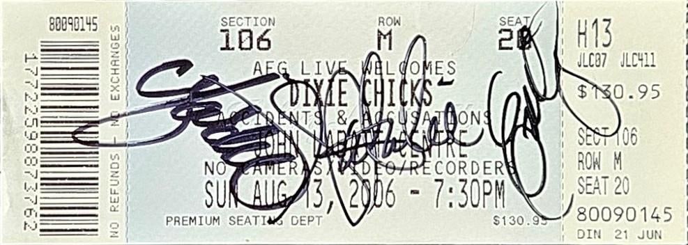 The Dixie Chicks Fully Group Signed "Accidents & Accusations" Ticket Stub (3 Sigs): Color paper 2" x 5.5" "Accidents & Accusations" ticket stub signed on the front in black felt tip marker by The Dixie Chicks band members Natalie Maines, Emily Strayer, and Martie Maguire. In fine con