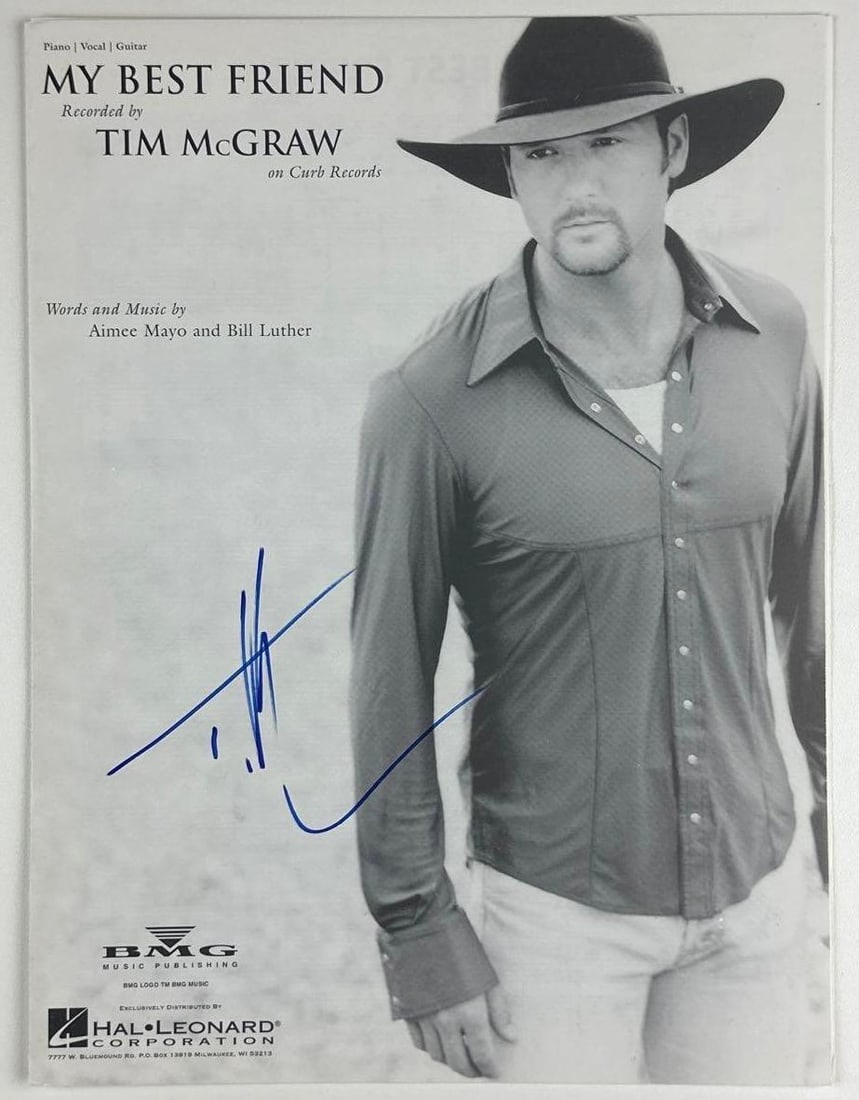 Tim McGraw Signed 12" x 9" "My Best Friend" Sheet Music (Third Party Guaranteed): Black-and-white 12" x 9" "My Best Friend" sheet music signed on the cover in blue felt tip marker by country musician Tim McGraw. In fine condition. Provenance Eaton & Brennan Auctions guarantees this