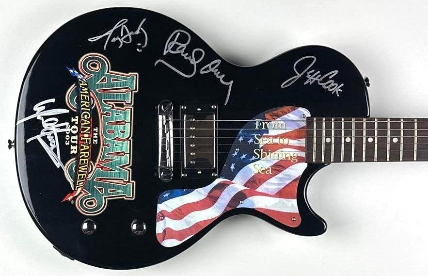 Alabama Group Signed "American Farewell Tour" Custom Graphics Les Paul-Style Guitar (4 Sigs): Black Alabama "American Farewell Tour" custom graphics Les Paul-style Epiphone guitar signed on the body in silver felt tip marker by Alabama band members Randy Owen, Jeff Cook, Teddy Gentry, and