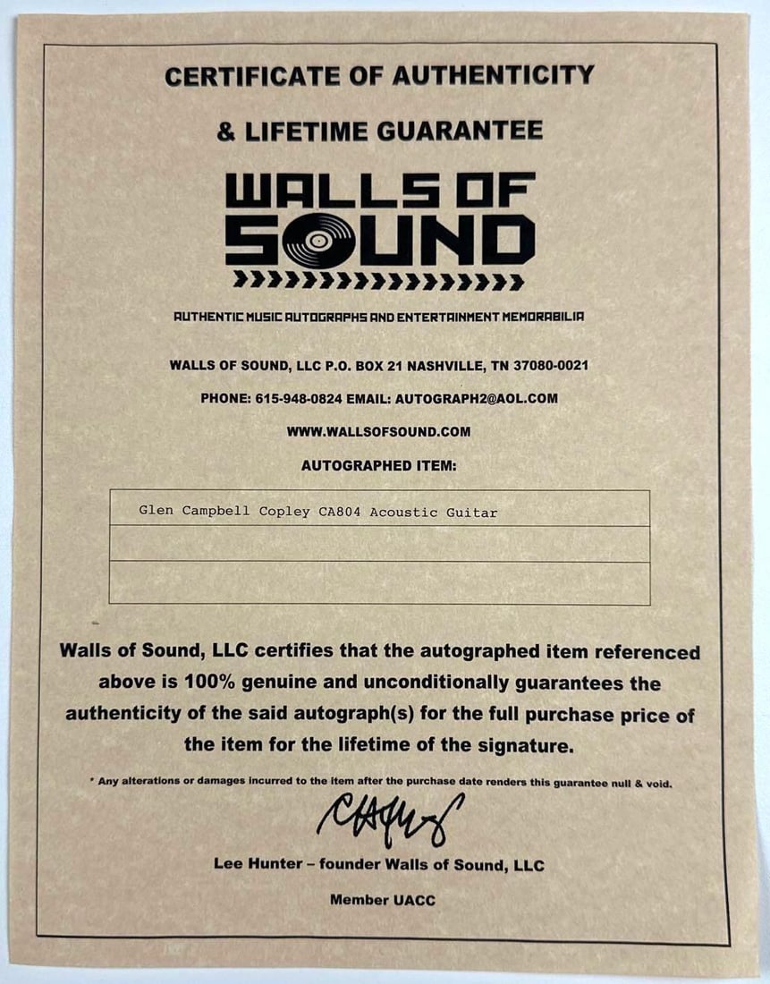 Glen Campbell Signed “Rhinestone Cowboy” Inscribed Copley Acoustic Guitar (Walls of Soun - 5