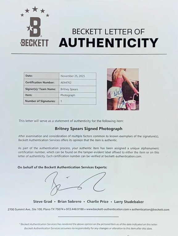 Britney Spears Signed 10" x 8" Photo (Beckett Authentication) - 2
