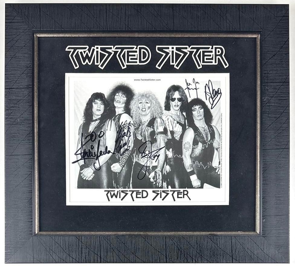 Twisted Sister Group Signed 8" x 10" Promo Photo Framed (5 Sigs) (Third Party Guaranteed): Black-and-white 8" x 10" promotional photo signed in black felt tip marker by all five members of Twisted Sister's classic lineup: Dee Snider, Jay Jay French, Eddie Ojeda, A.J. Pero, and Mark