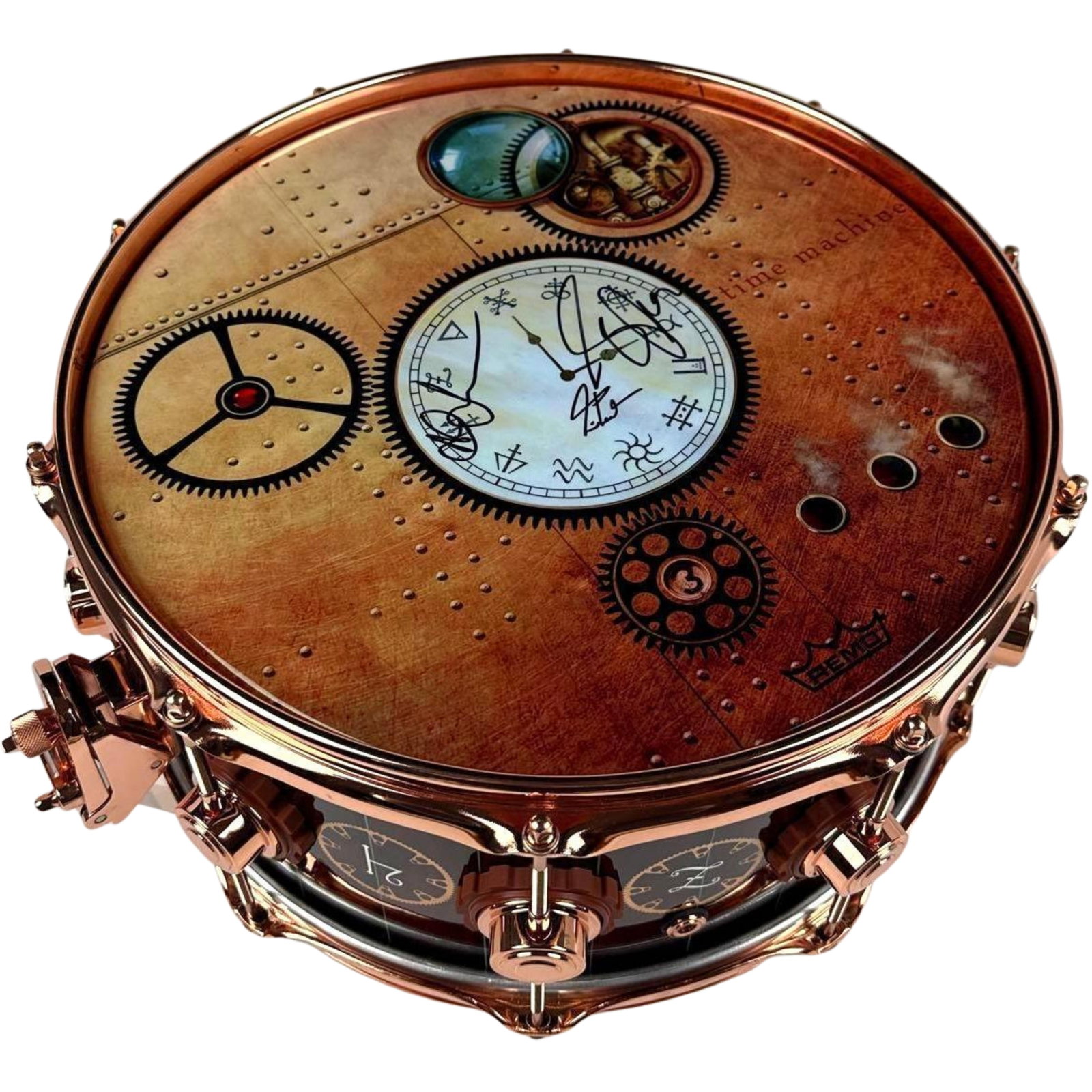 Rush Fully Group Signed Neil Peart “Time Machine” Limited Edition DW Snare Drum: Custom premium Collector’s Series 15" x 15" DW snare drum featuring the distinctive “Time Machine” graphics, signed on the drumhead in black felt tip marker by all three members of