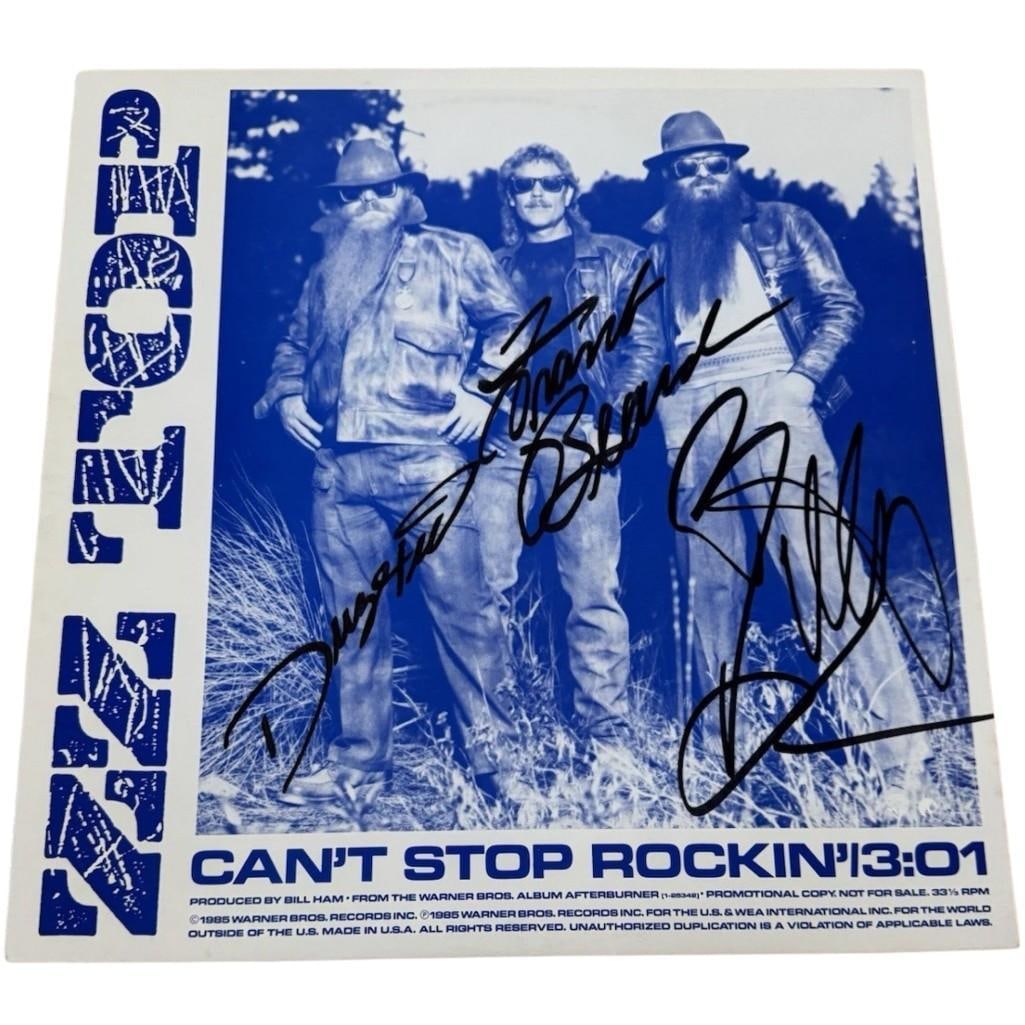 ZZ Top: Billy Gibbons, Dusty Hill & Frank Beard Signed "Can't Stop Rockin'" Album (3 Sigs) (Beckett): "Can't Stop Rockin'" album signed on the cover in black felt tip marker by ZZ Top band members Billy Gibbons, Dusty Hill, and Frank Beard. Measuring approximately 12" x 12" and in fine condition. Reco