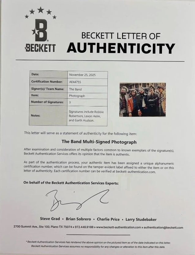 The Band Group Signed 8" x 10" Photo (3 Sigs) (Beckett Authentication) - 2