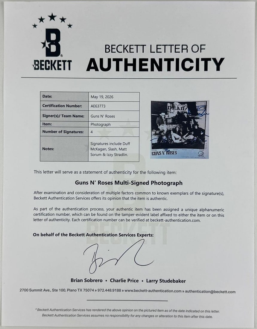 Guns N’ Roses Group Signed 10" x 8" Promo Photo (4 Sigs) (Beckett Authentication) - 2