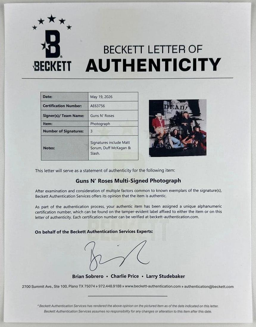Guns N' Roses Group Signed 10" x 8" Photo (3 Sigs) Beckett Authentication) - 2