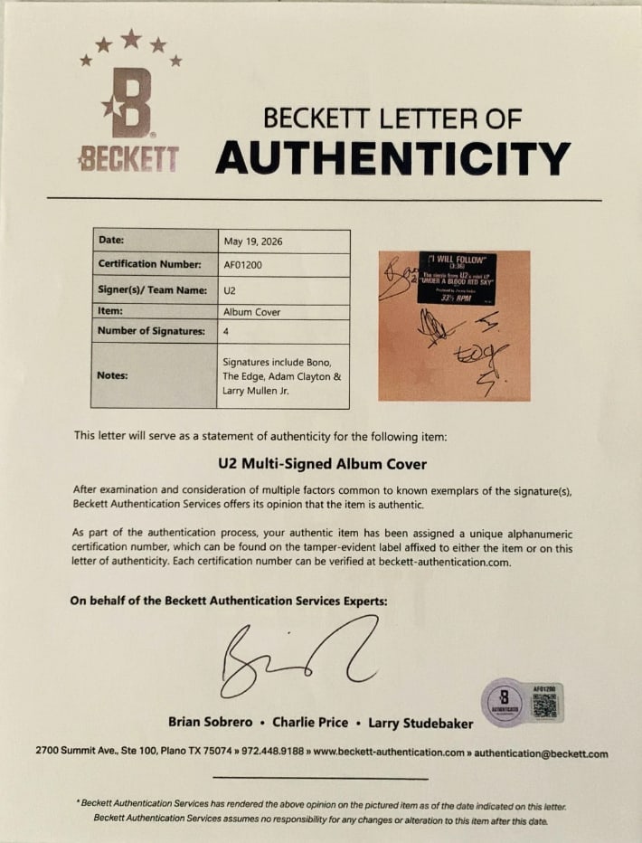 U2 Group Signed "I Will Follow" Promo 12" Album Single (4 Sigs) (Beckett) - 3