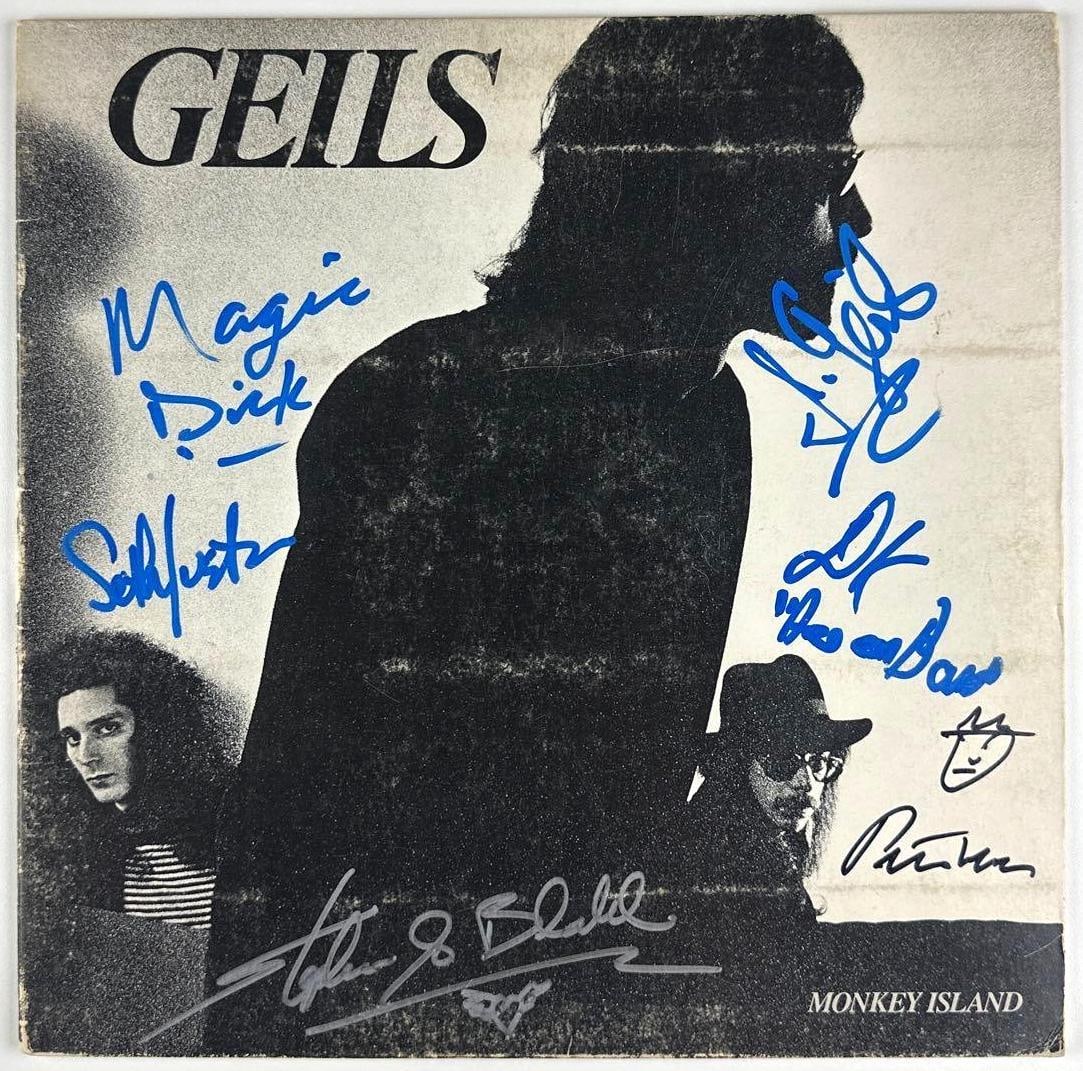 The J. Geils Band Fully Group Signed "Monkey Island" Album (6 Sigs) (Epperson LOA): "Monkey Island" album signed on the cover in blue, black, and silver felt tip markers by The J. Geils Band band members John Geils, Stephen Bo Bladd, Magic Dick, Danny Klein, Seth Justman, and Peter