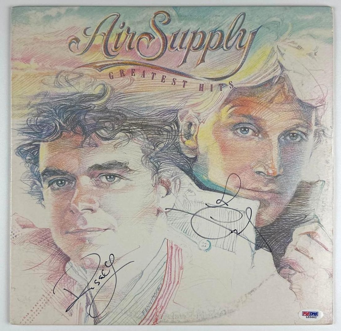 Air Supply: Russell & Hitchcock Signed "Greatest Hits" Album (2 Sigs) (PSA/DNA): "Greatest Hits" album signed on the cover in black felt tip marker by Air Supply band members Graham Russell and Russell Hitchcock. Measuring approximately 12" x 12" and in fine condition. Record is