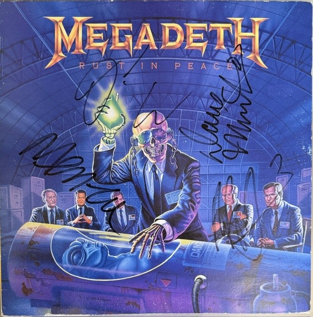 Megadeth Fully Group Signed "Rust in Peace" LP Album (4 Sigs) (Epperson LOA): "Rust in Peace" LP album signed on the cover in black felt tip marker by Megadeth band members Dave Mustane, Marty Friedman, David Ellefson, and Nick Menza. Measuring approximately 12" x 12" and in fi