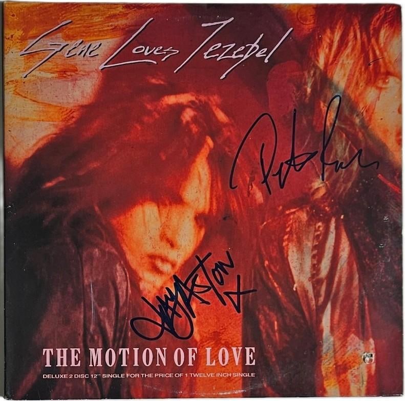 Gene Loves Jezebel Group Signed "The Motion of Love" Album (2 Sigs) (Third Party Guaranteed): "The Motion of Love" album signed on the cover in black felt tip marker by Gene Loves Jezebel band members Jay Aston and Peter Rizzo. Measuring approximately 12" x 12" and in fine condition. Record