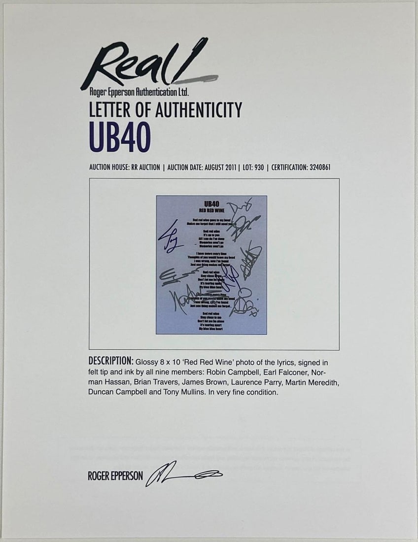 UB40 Group Signed 10" x 8" "Red Red Wine" Lyric Sheet (9 Sigs) (Epperson) - 2
