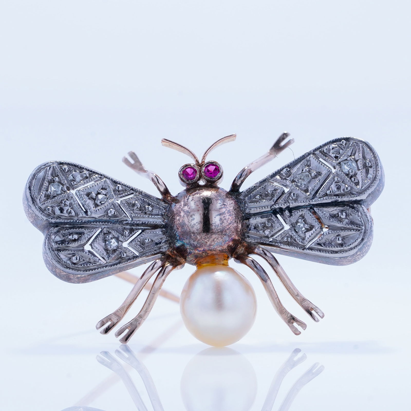 Vintage Estate Rose Cut Diamond, Pearl & Ruby 14k Gold Dragonfly Brooch (1 of 5)