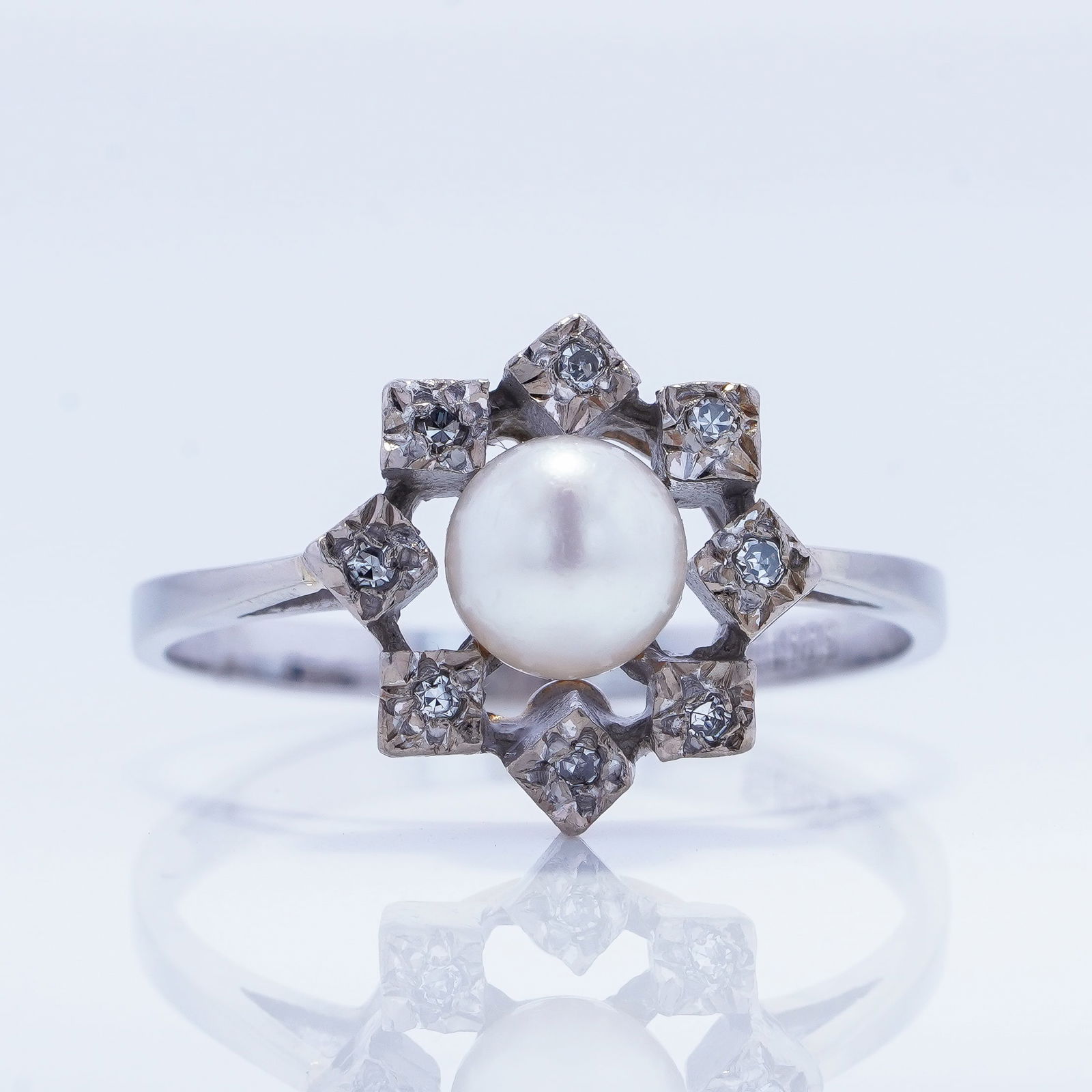 Art Deco Estate Designer Signed Akoya Pearl & Diamond Halo 14k White Gold Ring (1 of 6)