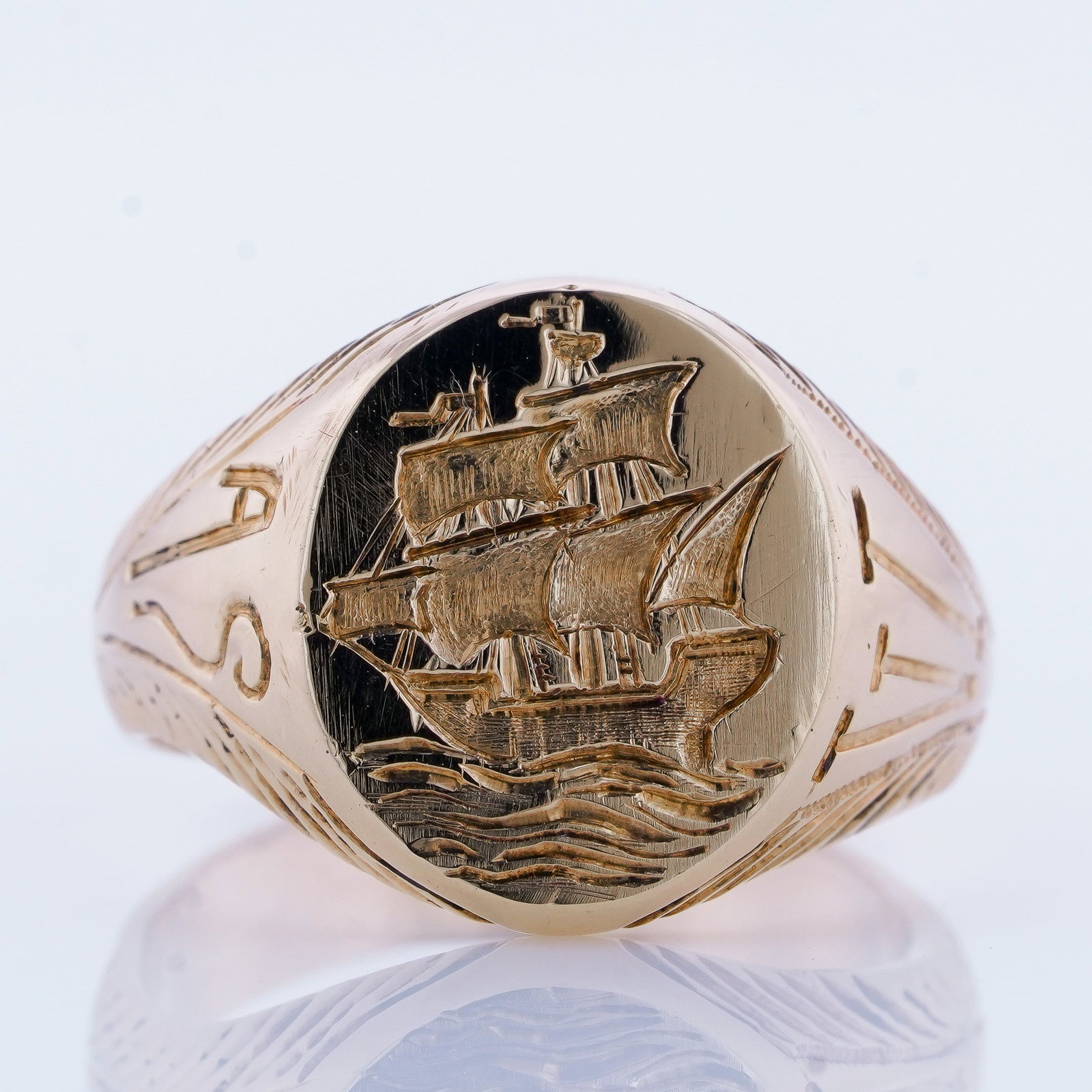 Vintage Estate Hand Engraved Sail Ship 14k Yellow Gold Signet Ring (1 of 5)