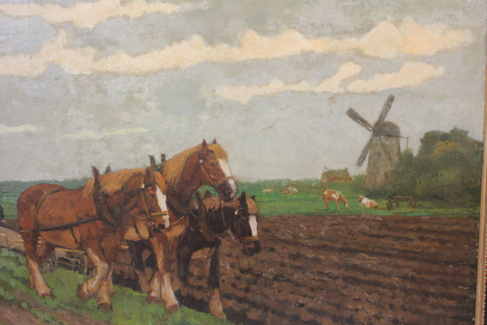 Boer aan het werk.: Boer aan het werk. Olie op doek, lokatie vermoedelijk omgeving Gouda. A 60 x 100