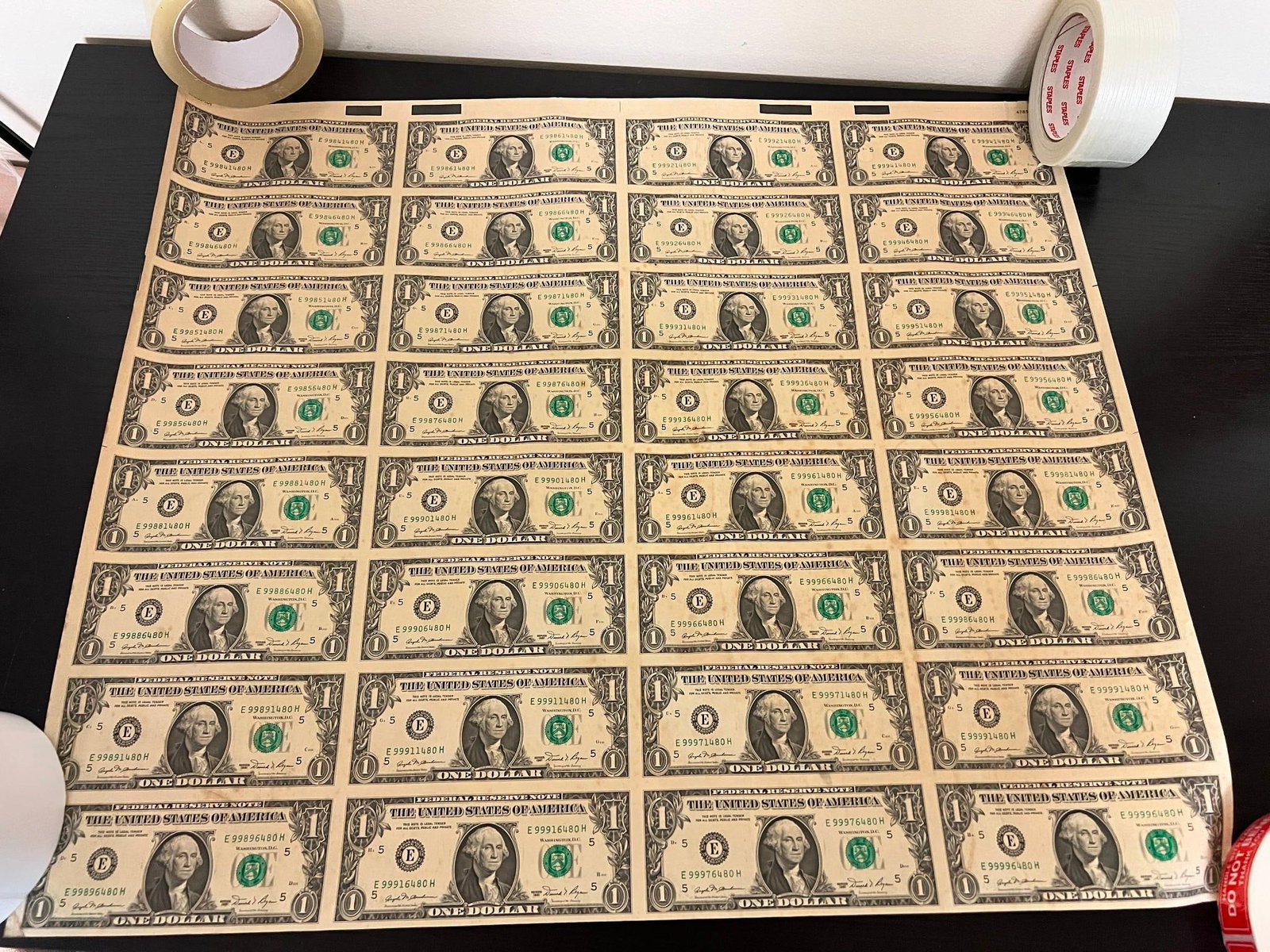 Uncut sheet of 1981 $1.00 Federal Reserve notes (1 of 7)
