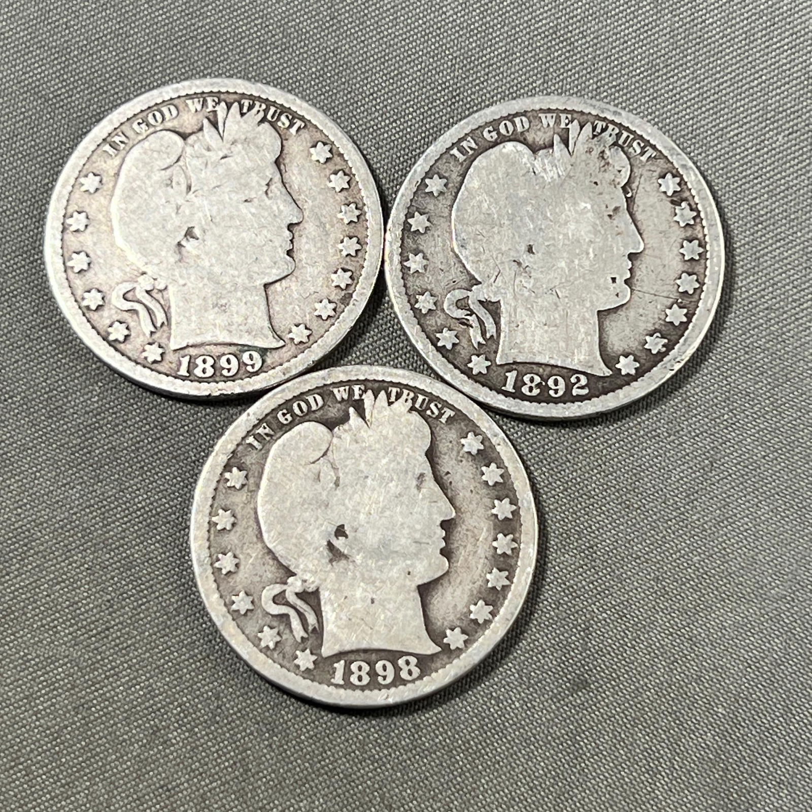 3- Barber Quarters, 1892, 1898 and 1899, all 90% Silver (1 of 2)