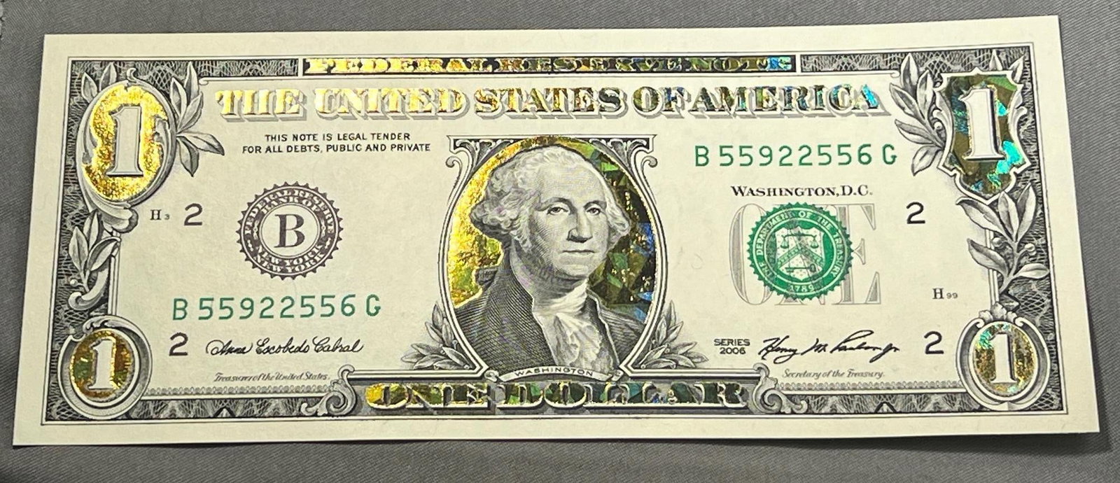 2006 One Dollar US Note w/ Gold foil accents (1 of 2)