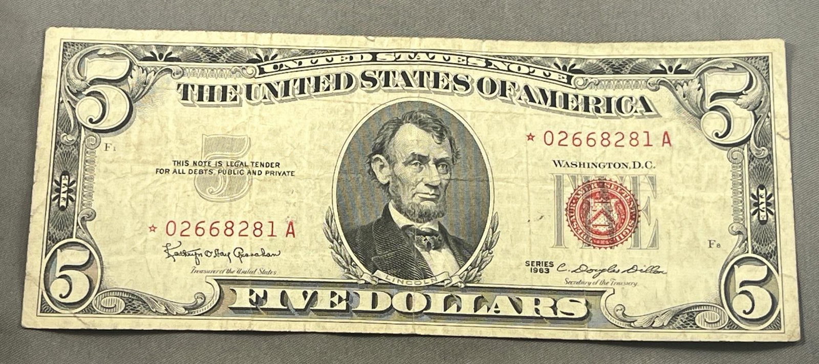 1963 $5.00 Red Seal Star Note (1 of 2)