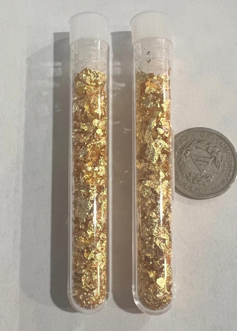 2- vials of gold flake, V nickel is for size reference and not included: 2- vials of gold flake, V nickel is for size reference and not included
