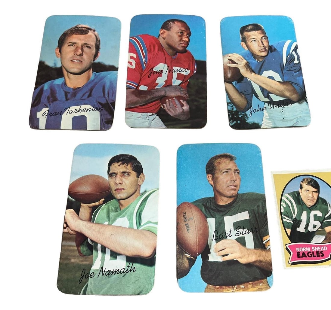 5-1970 Topps Large Oversized Football Cards, Franketon, Nance, Starr, Namath and Unitas: Snead card is shown for size reference and not included Please look at all photos to determine condition, the unedited photo of the cover lot is included in the photo gallery. Each sports lot has seve