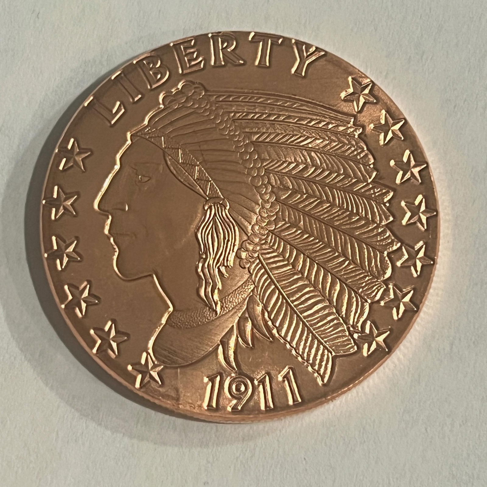 ONE OUNCE .999 COPPER ROUND, MADE IN THE LIKENESS OF A 1911 GOLD PIECE (1 of 2)