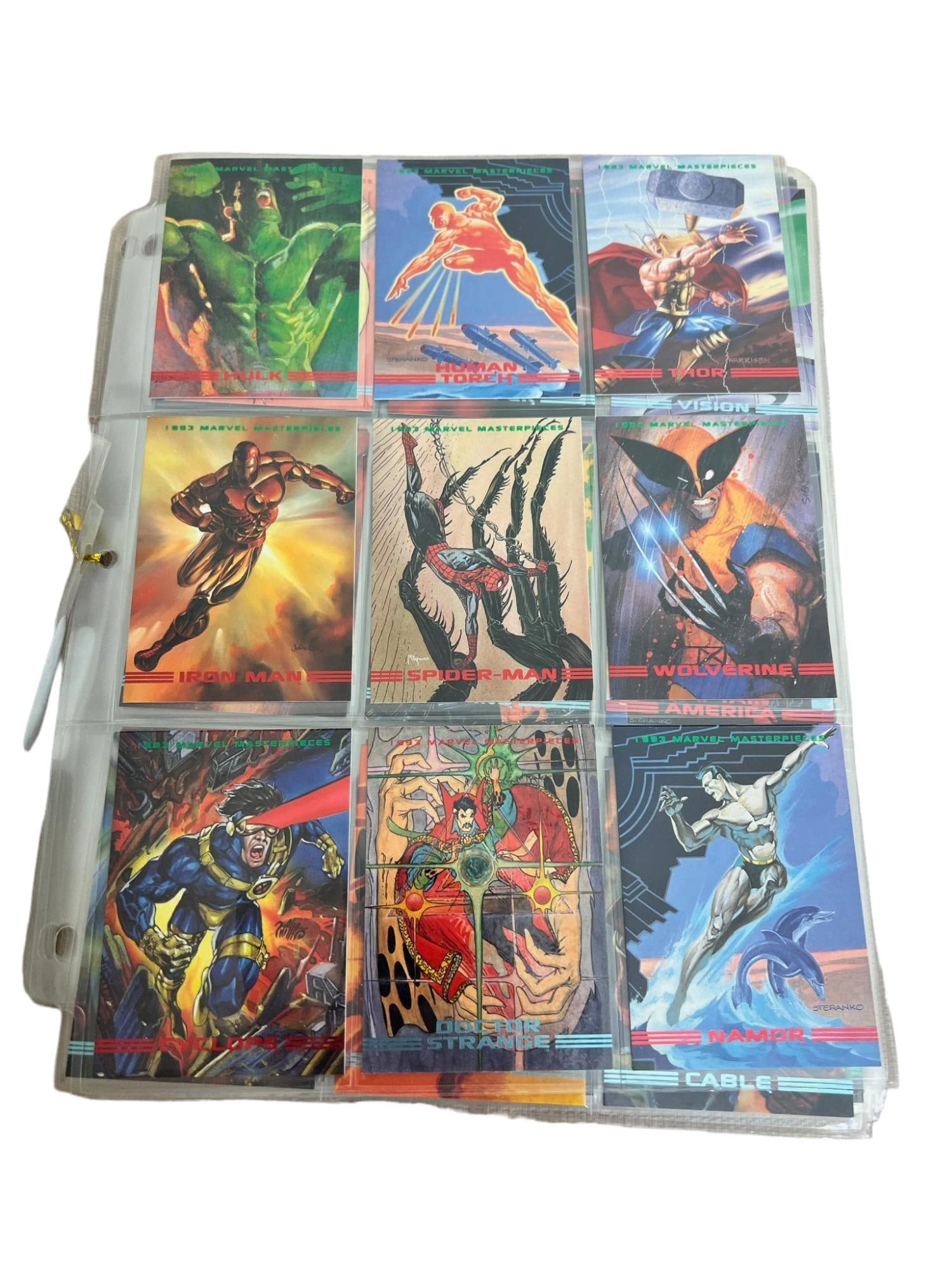 1993 Marvel Masterpieces 1-90 complete set Skybox, great set: Please look at all photos to determine condition, the unedited photo of the cover lot is included in the photo gallery. Each card lot has several subsequent photos that can be seen by opening the lot