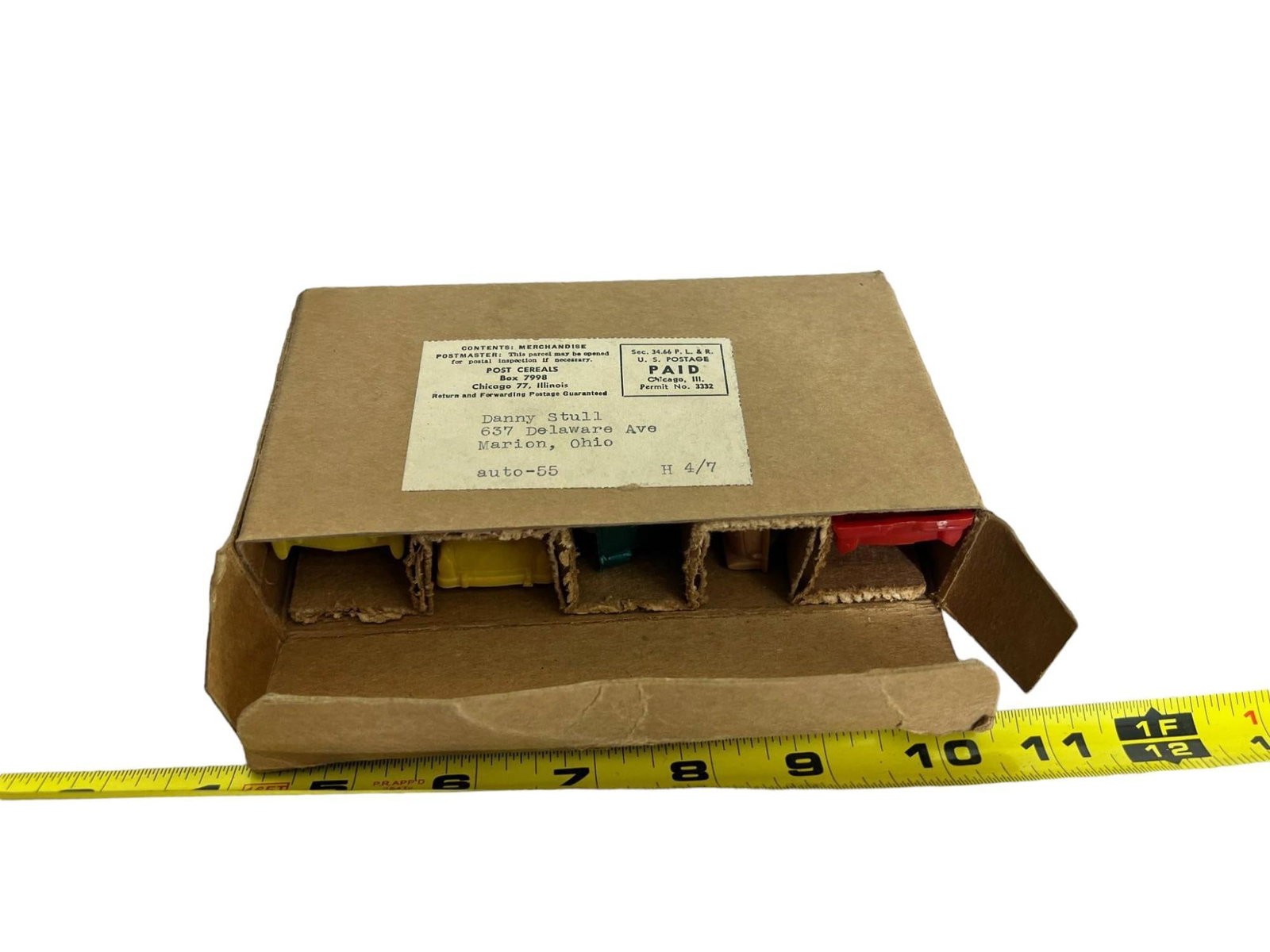 Post Cereal Mailing box w/ 5 Tootsie toy cars: Post Cereal Mailing box w/ 5 Tootsie toy cars