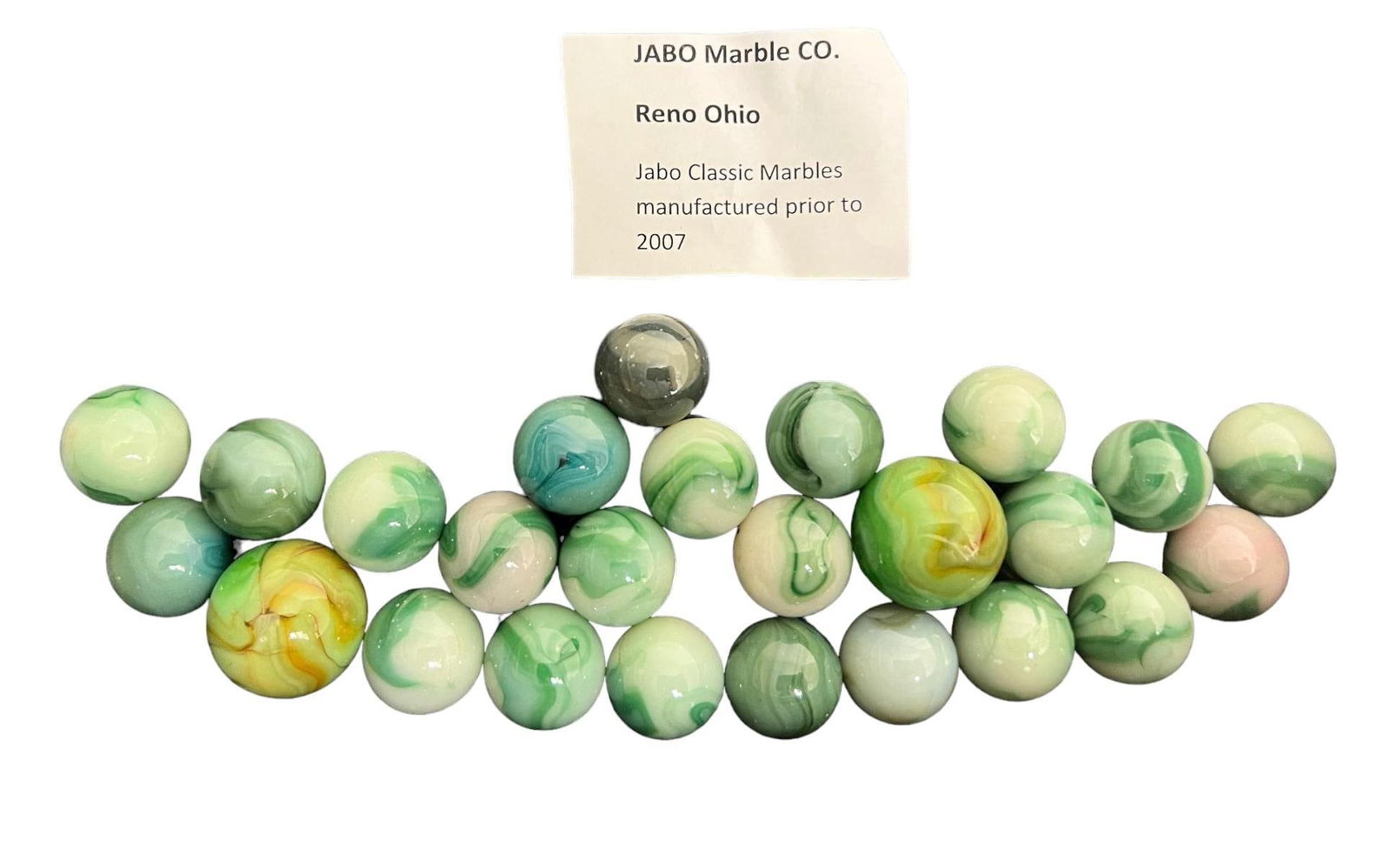 Jabo Marbles pre 2007 Lot of 25 with 2 shooters: Jabo Marbles were made in Reno Ohio before the company was shuttered in 2007