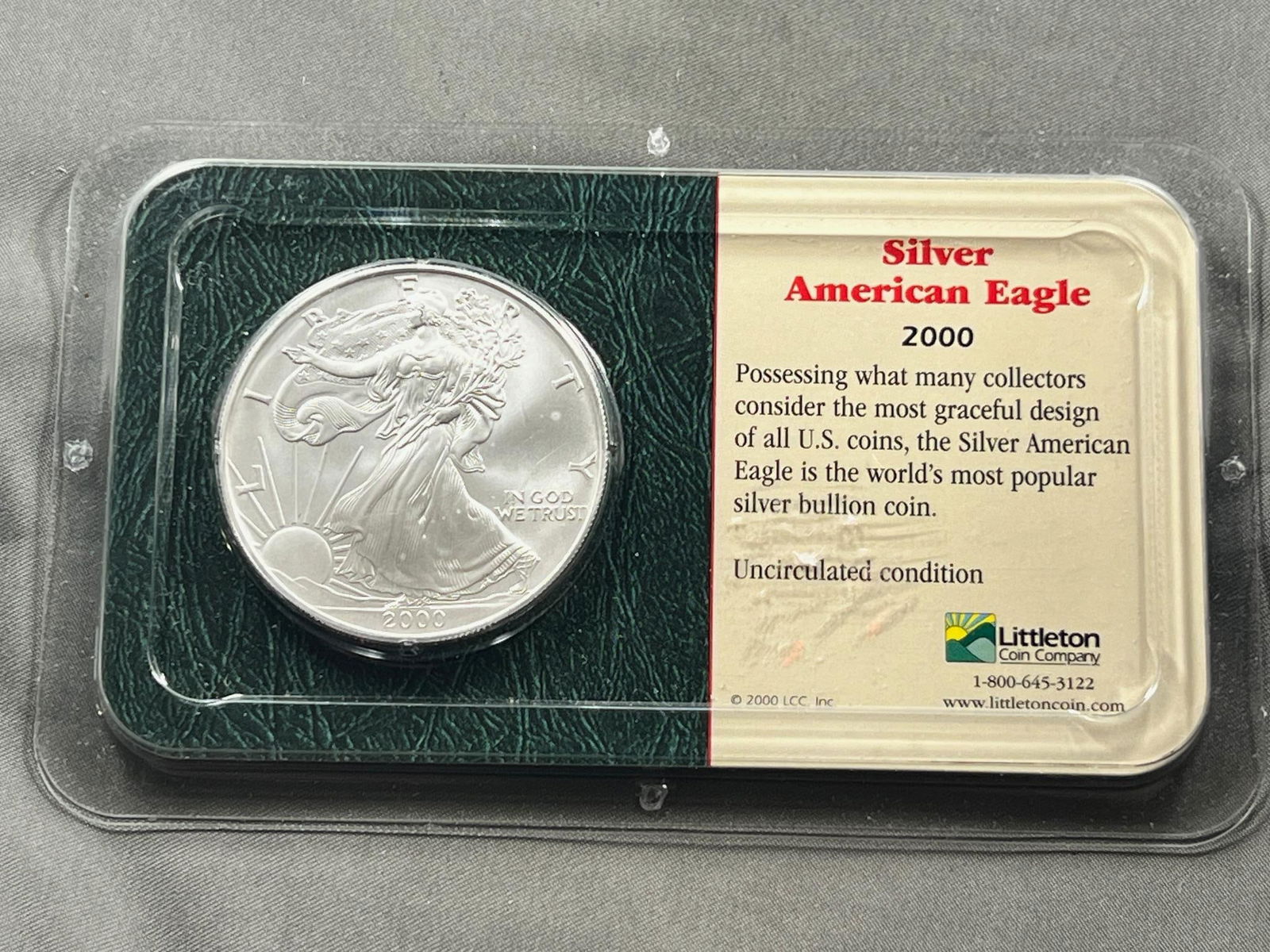 2000 US Silver Eagle Dollar Coin, .999 Fine Silver in Littleton Holder (1 of 2)
