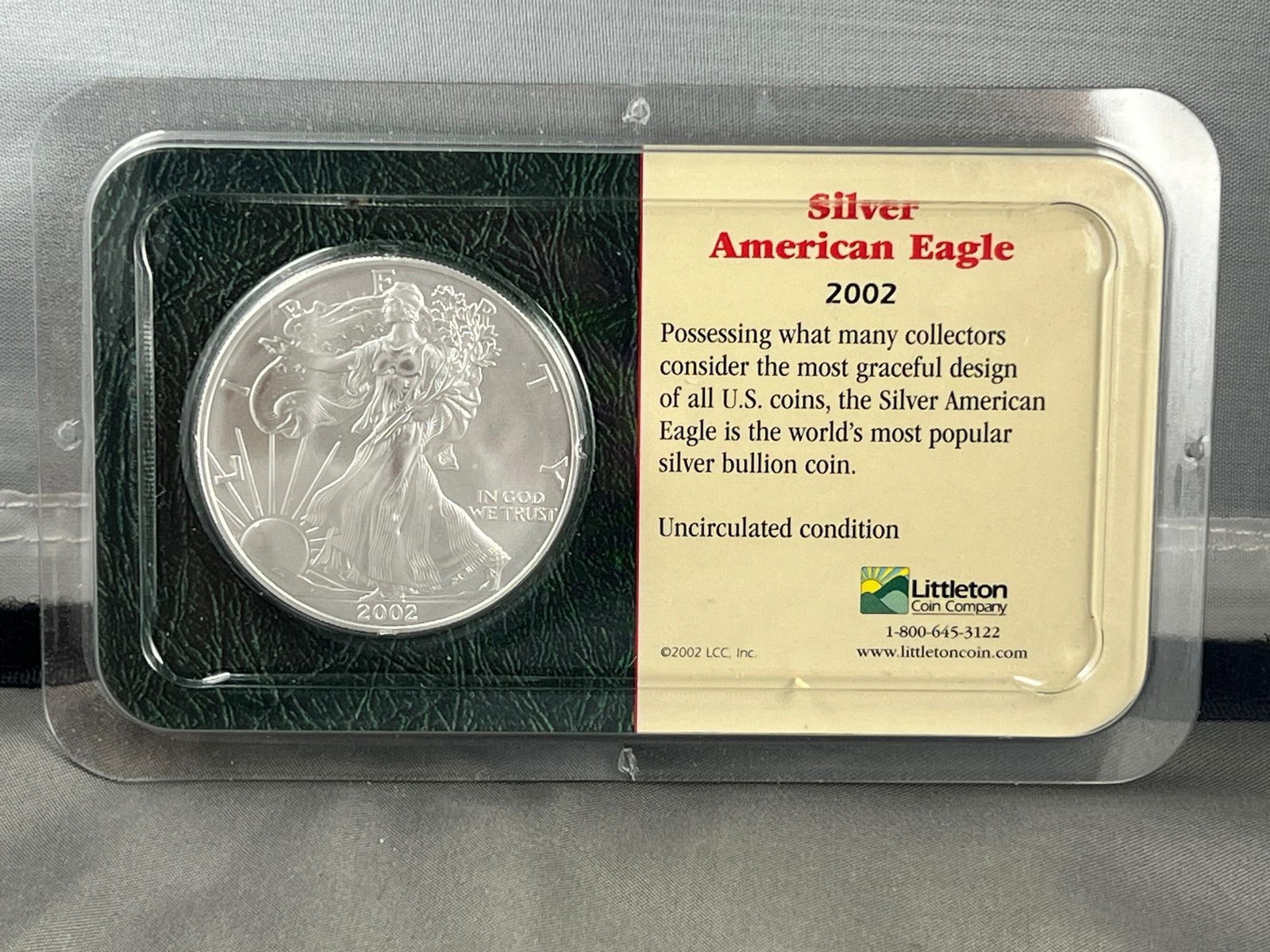 2002 US Silver Eagle Dollar Coin, .999 Fine Silver in Littleton Holder (1 of 2)