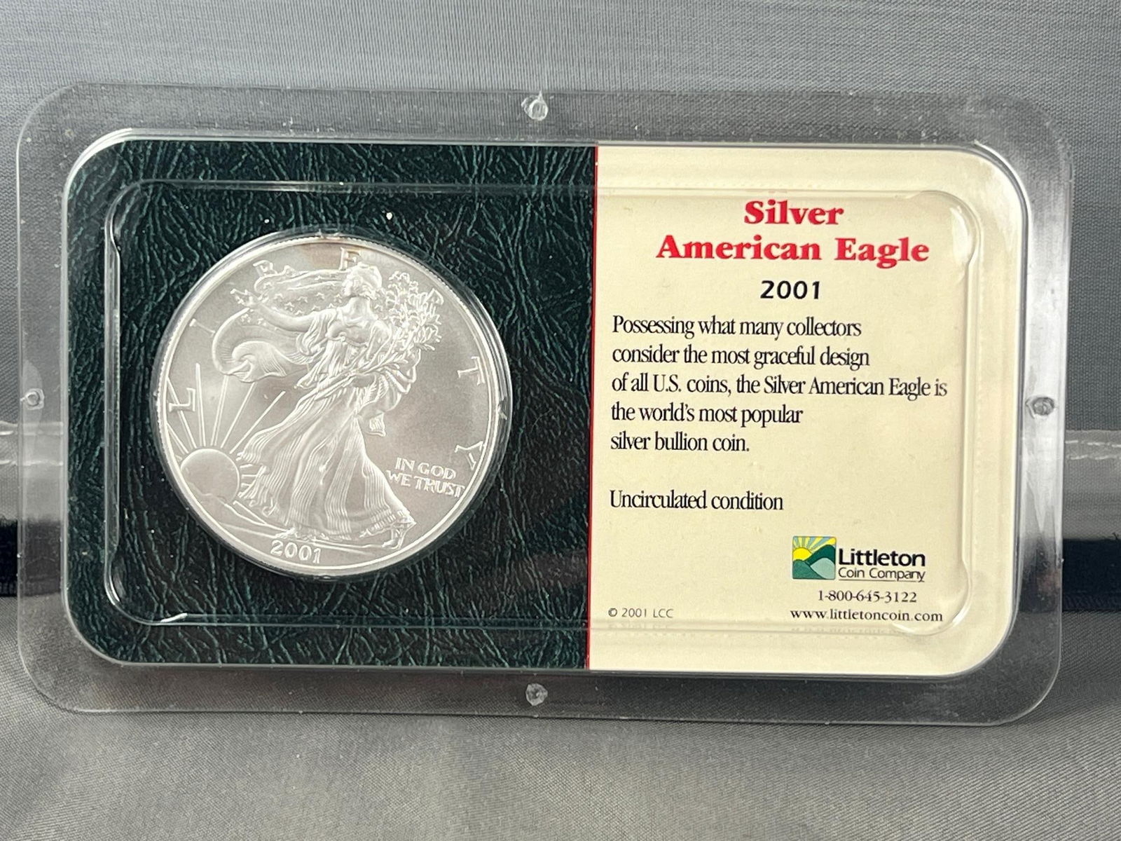 2001 US Silver Eagle Dollar Coin, .999 Fine Silver in Littleton Holder (1 of 2)