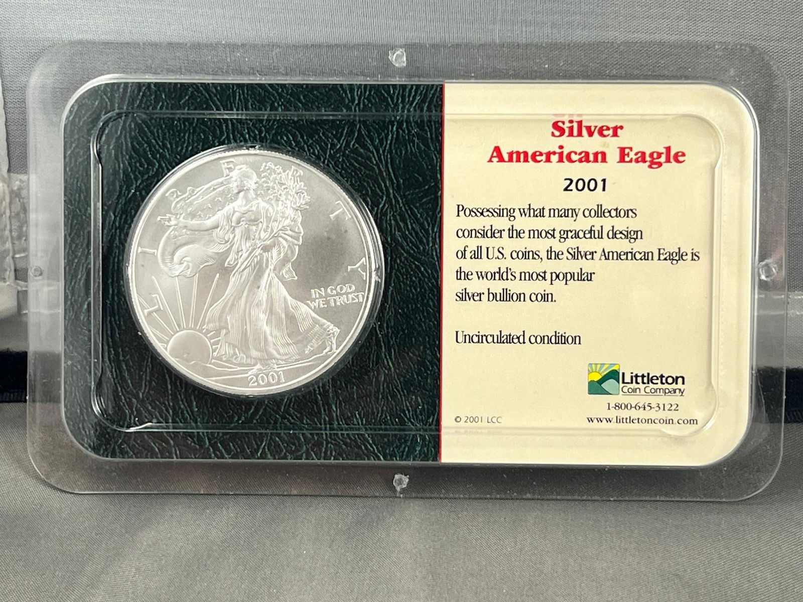 2001 US Silver Eagle Dollar Coin, .999 Fine Silver in Littleton Holder (1 of 2)