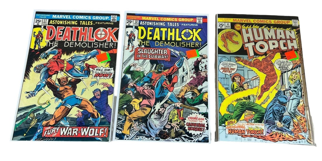 Deathlok 27 and 32 and Human Torch no. 4: Please look at all photos, they are a part of the description as well. If a comic is listed in the text, but does not appear in the photos, please bring it to our attention. Do not assume we did not m