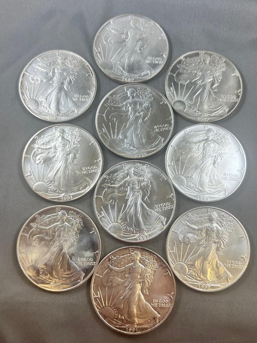 10- Asst Date Silver Eagle Coins, Each One Troy Ounce .999 Fine Silver (1 of 6)
