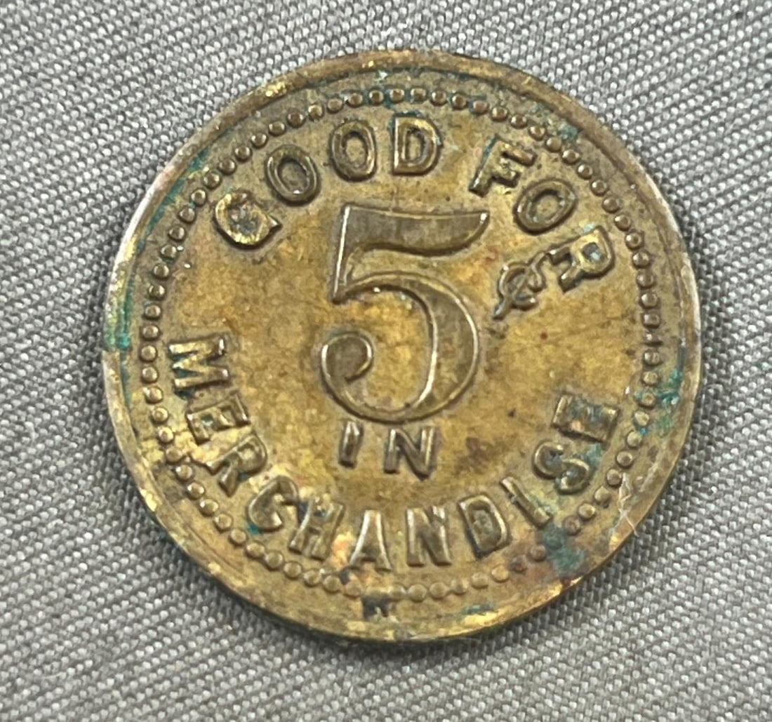 O.G. Weidner Good for 5 cents brass token (1 of 2)