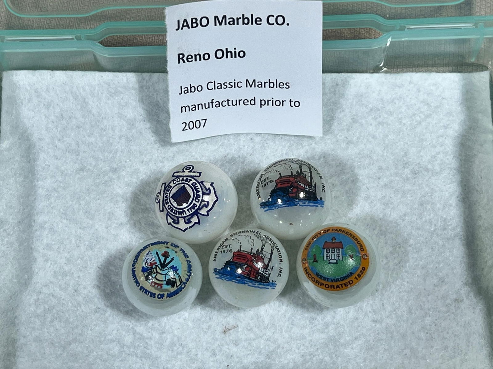 Jabo Classic Marbles produces prior to 2007 Reno OH Lot of 5, I in. including Stern wheel, Coast ... (1 of 1)