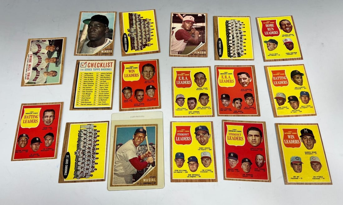1962 Topps lot w/ Stan Musial, Vada Pinson, several leaders cards, 17 total cards (1 of 16)