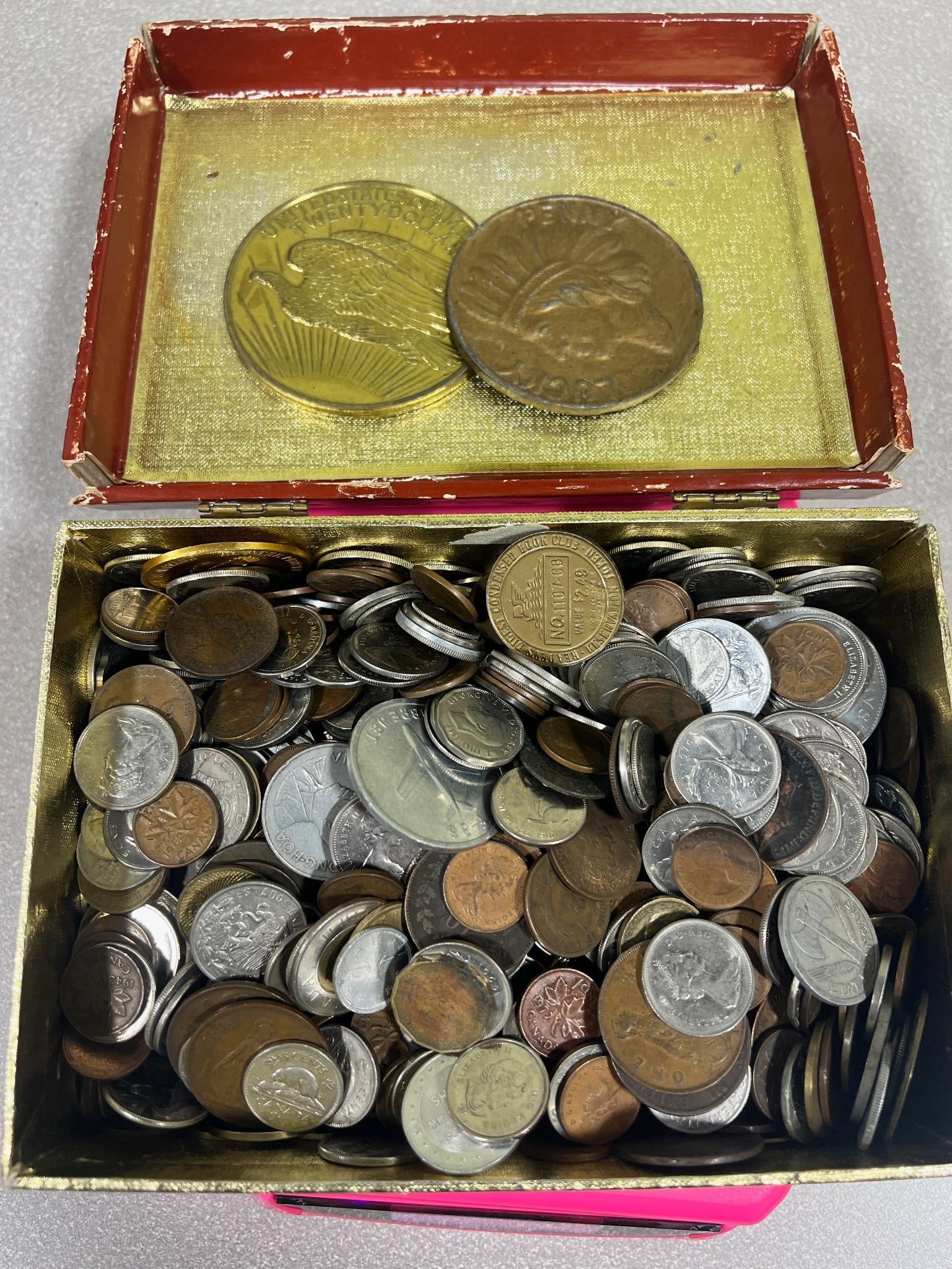 9+ pounds of foreign coins, in old cigar box (1 of 9)