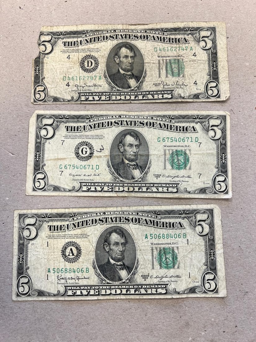 3- 1950 Series $5.00 Green Seal Notes (1 of 2)