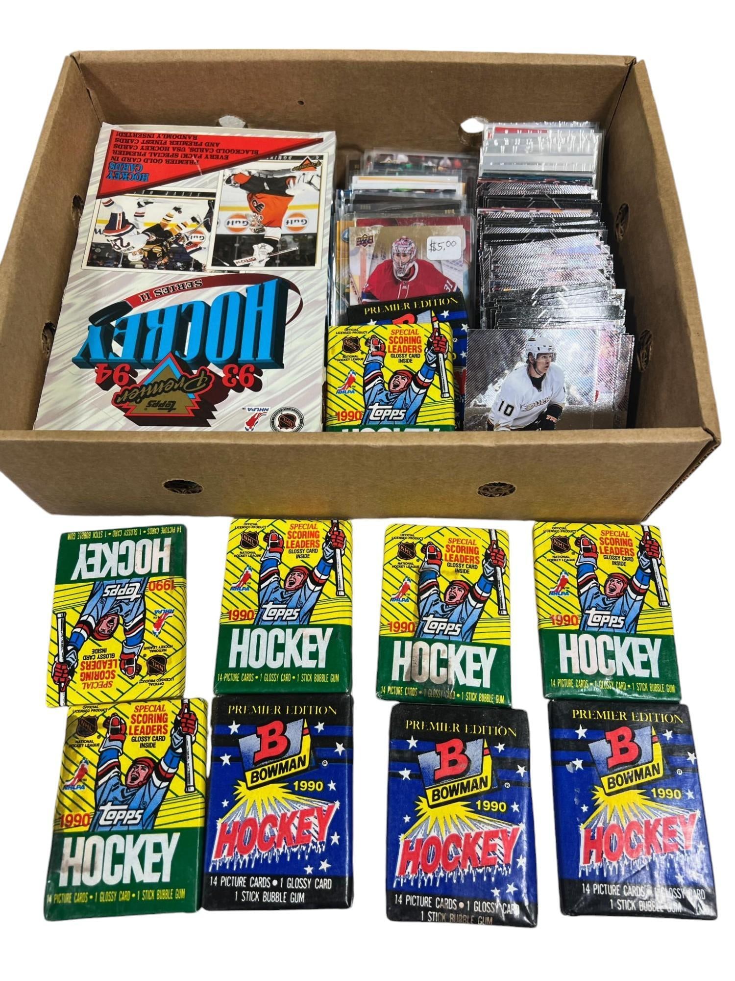 Hockey card lot opened wax, UD Black Diamond, 12 unopened packs 1990 Topps, Bowman and more (1 of 6)